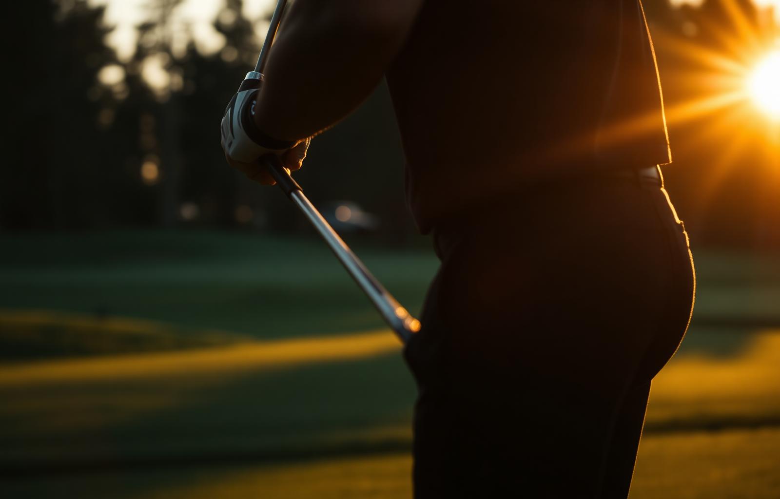 Golfer swinging at sunrise